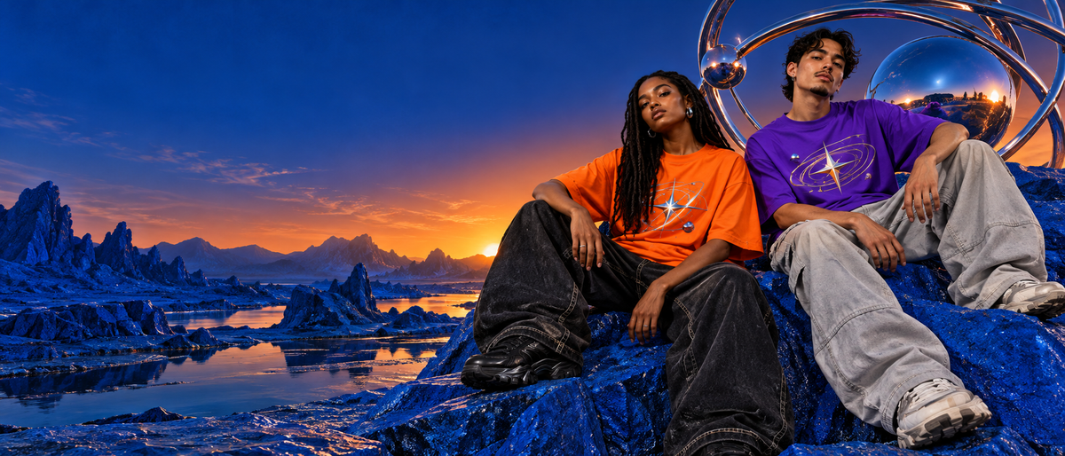 Cosmic Camp concept campaign with oversized streetwear in a cobalt landscape and chrome orbit sculpture